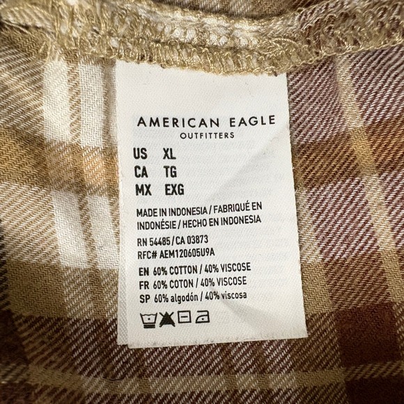 American Eagle Brown Cream Plaid Flannel Boho Button Down Shirt Eyelet Yoke XL - Picture 7 of 7